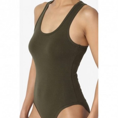 Shapewear Basic Cotton/Span Scoop Neck Tank Bodysuit Sleeveless Leotard One-Piece - Olive - CS180AM5E5R