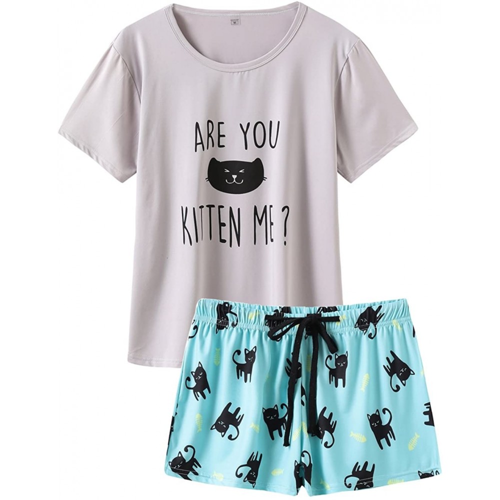 Sets Pajamas for Women 2 Piece Cute Cat Sleepwear Pajama Sleep Set - Grey - CT18GI8KE6K