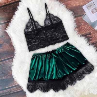 Sets New Women Silk Lace Top Camisole Bow Shorts Pajamas Lingerie Sleepwear Set S-3XL - Dark Blue - C7199UX6GAX