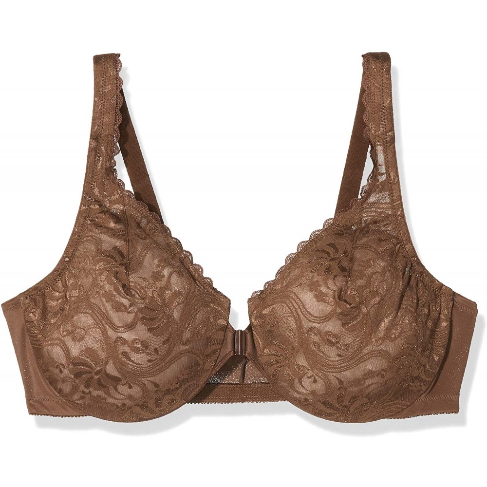 Bras Women's Full Figure Wonderwire Front Close Stretch Lace Bra 9245 - Mocha - CV18Y9ZIQGR