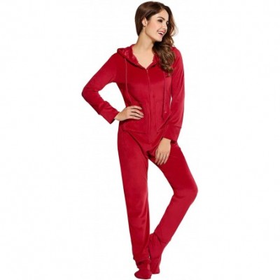 Sets Women's One Piece Pajamas Coral Fleece Onesie Hooded Footed Jumpsuit Pajamas - Red - C812NU1QLX4