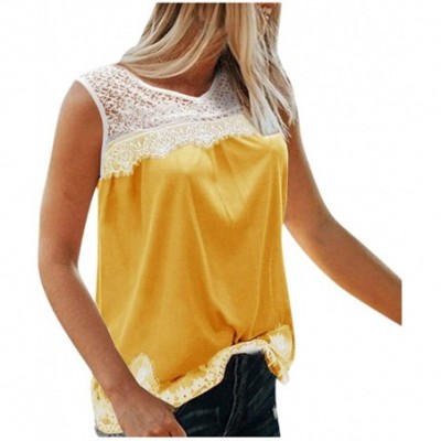 Thermal Underwear Casual Lace Appliques Hollow Patchwork Sleeveless Blouses - Plus Size Casual V-Neck Tank Tops - Yellow - CI...