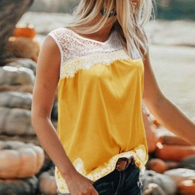 Thermal Underwear Casual Lace Appliques Hollow Patchwork Sleeveless Blouses - Plus Size Casual V-Neck Tank Tops - Yellow - CI...