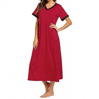 Nightgowns & Sleepshirts Women's Nightshirt Short Sleeve V Neck Nightgown Ultra-Soft Full Length Sleepwear Dress - Wine Red -...