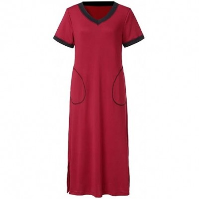 Nightgowns & Sleepshirts Women's Nightshirt Short Sleeve V Neck Nightgown Ultra-Soft Full Length Sleepwear Dress - Wine Red -...