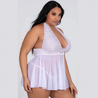 Baby Dolls & Chemises Plus Size Lingerie Babydoll Lace Floral Halter Sleepwear Set V Neck Chemise for Women - White - CM18X4Q...