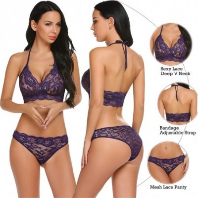 Baby Dolls & Chemises Women's Lace Bra and Panty Set Halter Babydoll V Neck Bodysuit - Purple - CZ18GU0QKNE