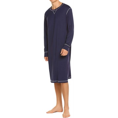 Sleep Tops Men's Nightshirt Long Sleeve Sleepwear Soft Comfy Nightgown Loose Sleep Shirt S-XXL - Navy - CR18GWMKZ6N