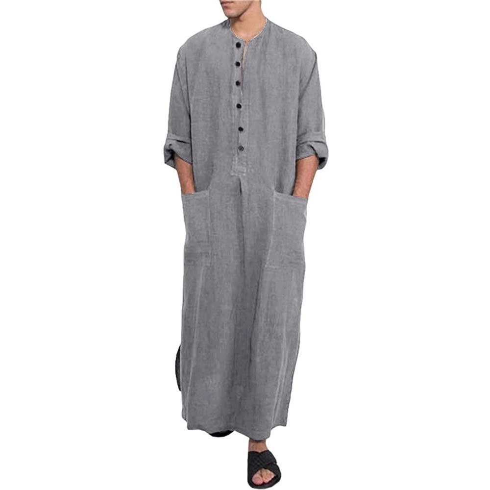 Robes Mens Kaftan Robe Hooded V Neck Short Sleeve Casual Cotton Long Grown Ankle Length Thobe - 02 Gray - CO199I4Z48R