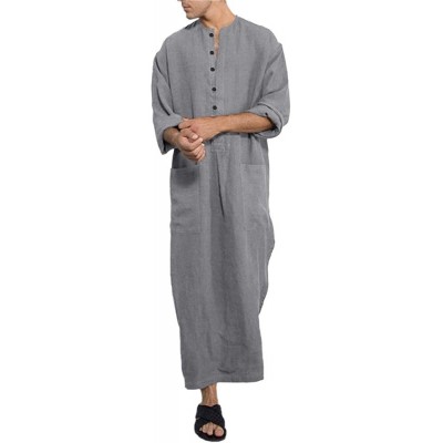 Robes Mens Kaftan Robe Hooded V Neck Short Sleeve Casual Cotton Long Grown Ankle Length Thobe - 02 Gray - CO199I4Z48R