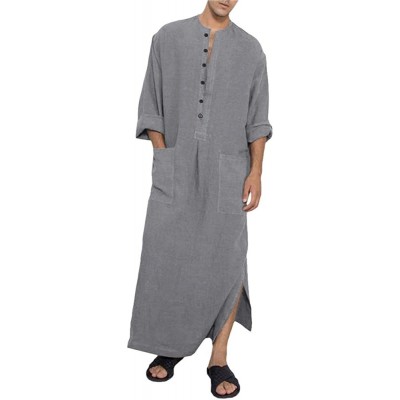 Robes Mens Kaftan Robe Hooded V Neck Short Sleeve Casual Cotton Long Grown Ankle Length Thobe - 02 Gray - CO199I4Z48R