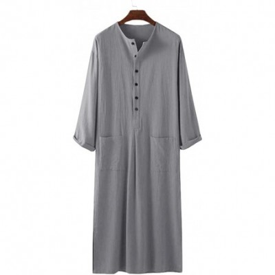 Robes Mens Kaftan Robe Hooded V Neck Short Sleeve Casual Cotton Long Grown Ankle Length Thobe - 02 Gray - CO199I4Z48R