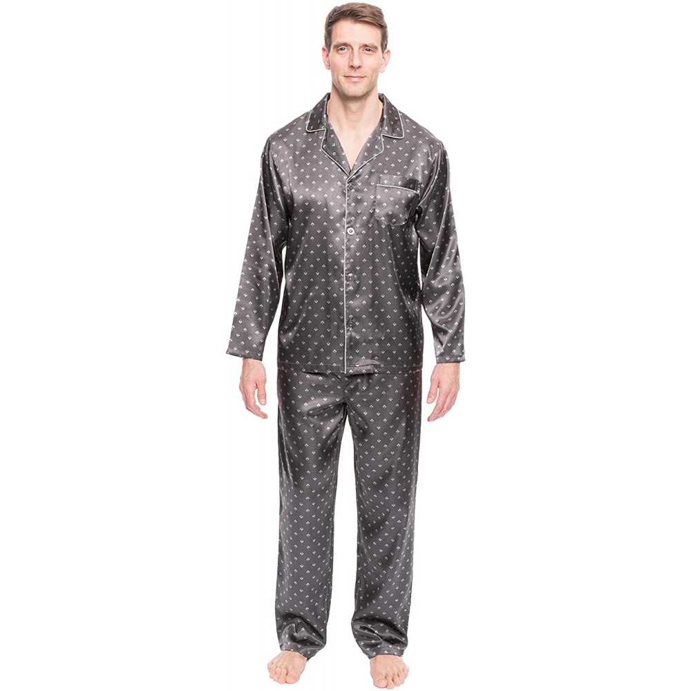 Sleep Sets Twin Boat Mens Satin Pajamas Set - Mens Button Down Silky Satin Pajamas - Diamond Squares Dark Grey - CD12N6KL7CW