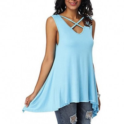 Baby Dolls & Chemises Women Solid V-Neck Vest Criss Cross Front Irregular Sleeveless Pleated Loose Blouse Tops - Sky Blue - C...