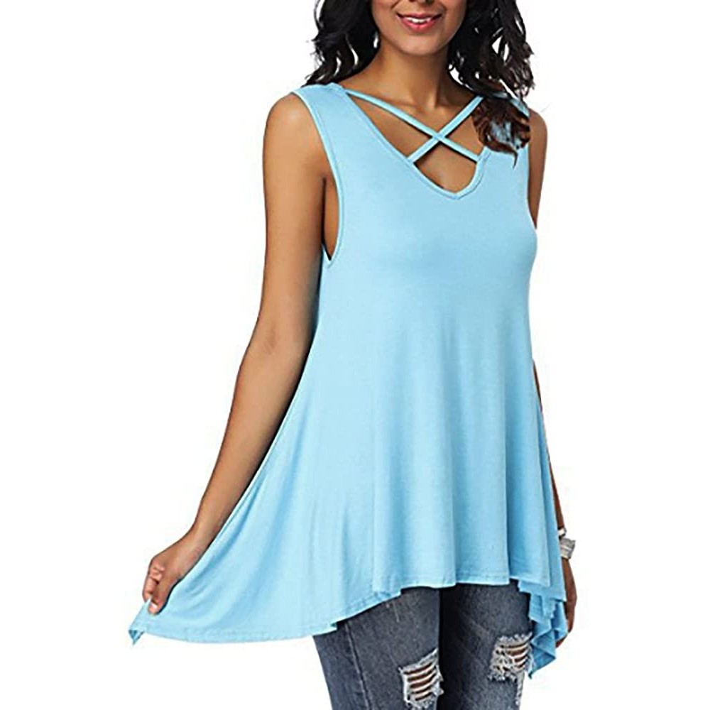 Baby Dolls & Chemises Women Solid V-Neck Vest Criss Cross Front Irregular Sleeveless Pleated Loose Blouse Tops - Sky Blue - C...