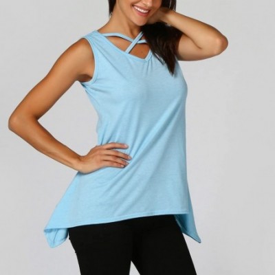 Baby Dolls & Chemises Women Solid V-Neck Vest Criss Cross Front Irregular Sleeveless Pleated Loose Blouse Tops - Sky Blue - C...