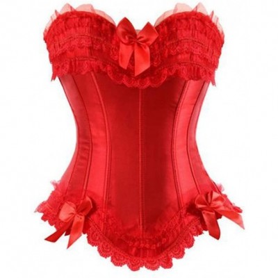 Bustiers & Corsets Women's Sexy Lace Overbust Satin Brocade Corset Bowknot Waist Cincher Bustier Shapewear - Red - CO18LACEQWW