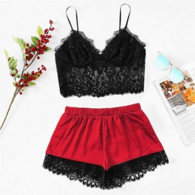 Robes Sexy Pajamas Set-Women Lace Satin Cmai Top Shorts Lingerie Sleepwear Set Erotic Underwear Babydoll Nighties - Red - C51...