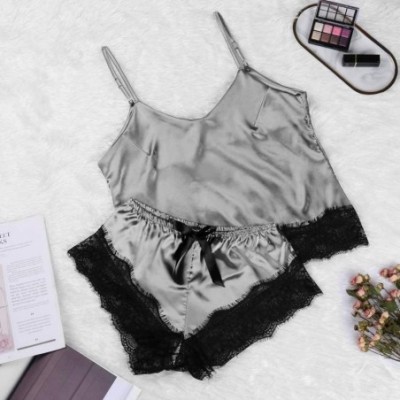 Sets Women Sexy Satin Sleepwear Cami Shorts Pajama Sets Lingerie Lace Fashion Solid Sling Home Nightwear Underwear Set Gray -...