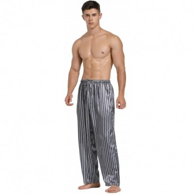 Sleep Bottoms Mens Satin Pajama Pants- Long Pajama Bottoms with Drawstring - Grey Stripe - CE18G9OKAU4