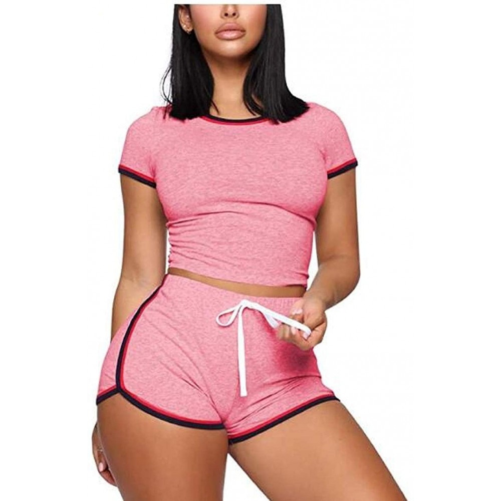 Sets Women 2 Piece Yoga Short Set Summer Round Neck Short Sleeve Crop Top Sweatpants Outwear - 3pink - CM198KNR0TO