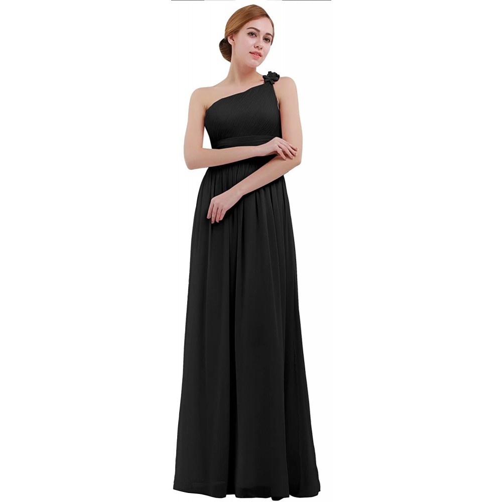 Nightgowns & Sleepshirts Women's One-Shoulder Empire Waist Floor Length Bridesmaid Long Chiffon Dress Night Gown - Black 2 - ...