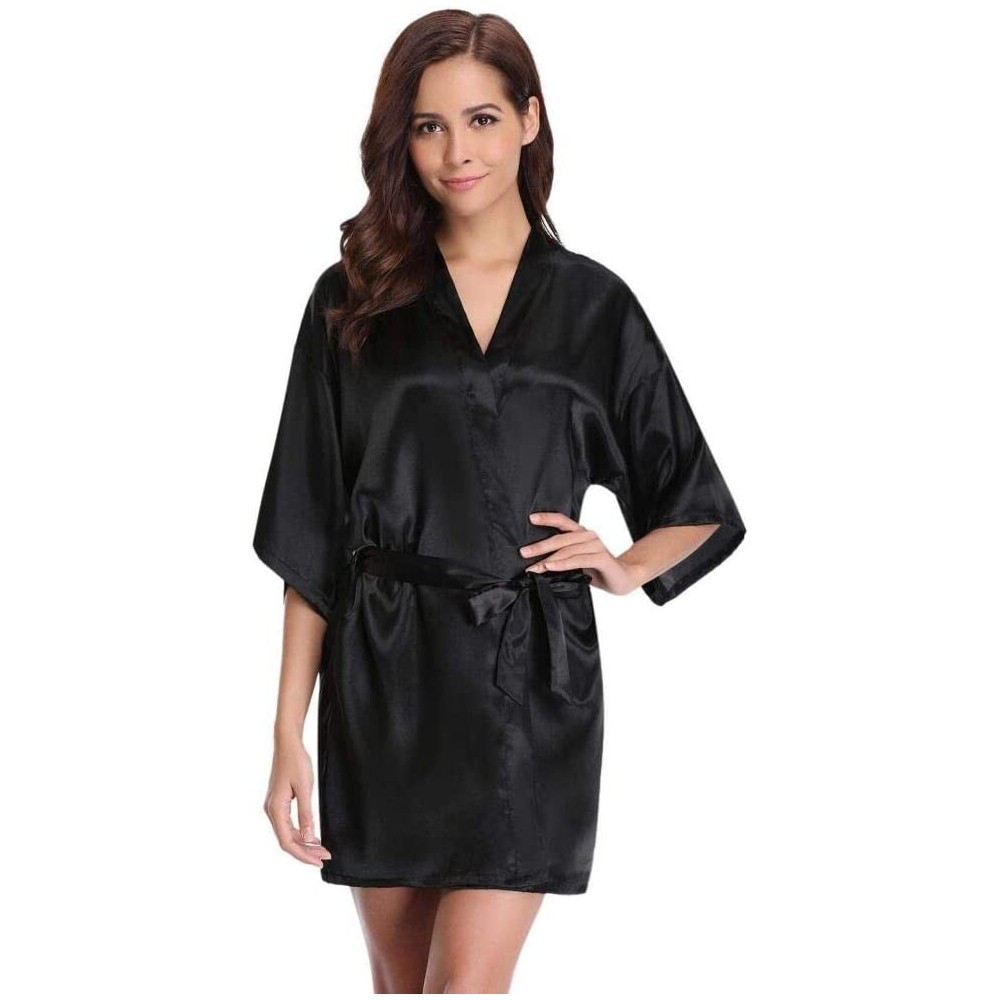 Robes Woman Dressing Gown Bride and Maid V Neck Satin Dressing Gown Woman Pajamas Kimono Woman for Wedding Spa Hotel Black XX...