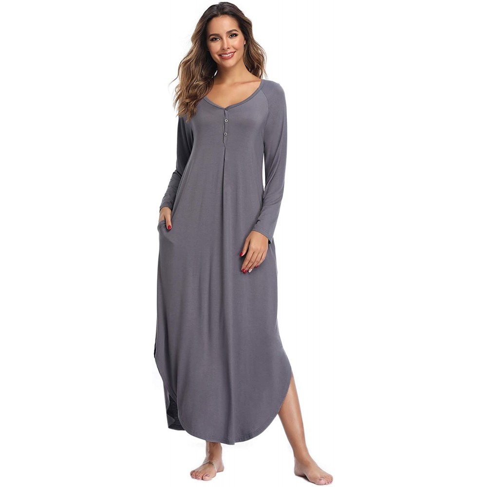 Nightgowns & Sleepshirts Long Sleeve Nightgowns for Women Oversized Pleated Sleepshirt Button up Casual Loungewear with Pocke...