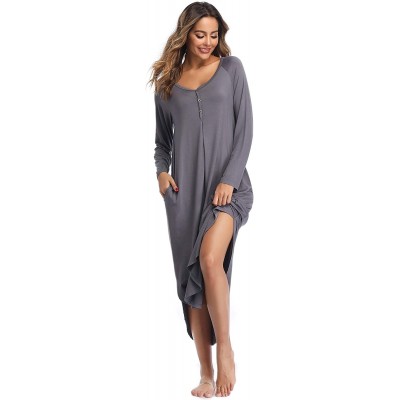 Nightgowns & Sleepshirts Long Sleeve Nightgowns for Women Oversized Pleated Sleepshirt Button up Casual Loungewear with Pocke...