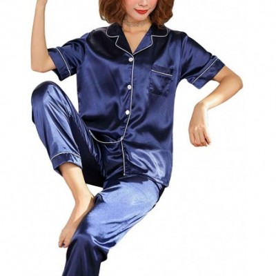 Sets Womens Short Sleeve Pajamas Set Sleepwear Button Down Nightwear Soft - Blue - C9198Y66I55