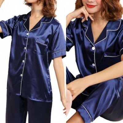 Sets Womens Short Sleeve Pajamas Set Sleepwear Button Down Nightwear Soft - Blue - C9198Y66I55