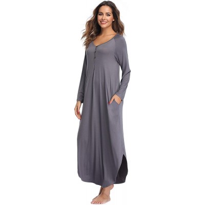 Nightgowns & Sleepshirts Long Sleeve Nightgowns for Women Oversized Pleated Sleepshirt Button up Casual Loungewear with Pocke...