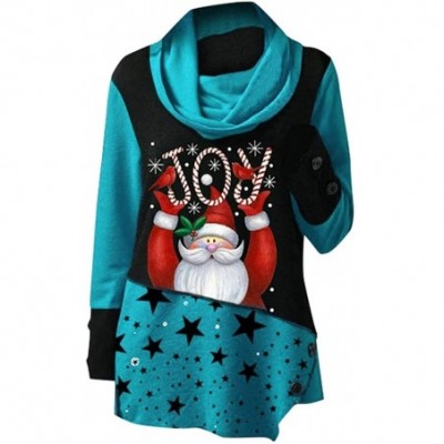 Thermal Underwear Christmas High Collar Blouse-Women Patchwork Sweatshirt Print Tops T-Shirt - Blue - CS18AACSZ4Y