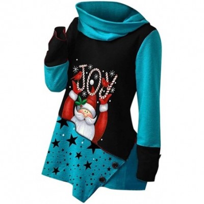 Thermal Underwear Christmas High Collar Blouse-Women Patchwork Sweatshirt Print Tops T-Shirt - Blue - CS18AACSZ4Y