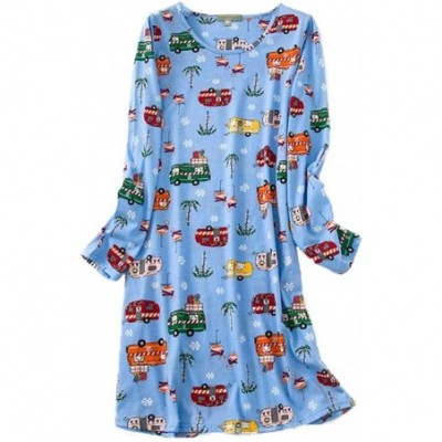 Nightgowns & Sleepshirts Women's Cotton Sleepwear Long Sleeves Nightgown Print Tee Sleep Dress - Long Blue Bus - C818YLHWTAS