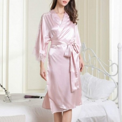 Nightgowns & Sleepshirts Women's Nightgown Sexy Pajamas Silky Satin Lace Nightdress Bathrobe Sleepswear - Pink - CP19037IR3L