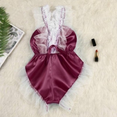 Garters & Garter Belts Women V-Neck Eyelash Lace Sexy Stain Camisole Pajamas Piece Pajamas - Wine - CF19COXYEZ8