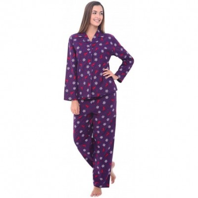 Sets Women's Warm Flannel Pajama Set- Long Winter Christmas Button Down Cotton Pjs - Purple With Reindeer - CD11CKPHDMX