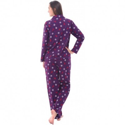 Sets Women's Warm Flannel Pajama Set- Long Winter Christmas Button Down Cotton Pjs - Purple With Reindeer - CD11CKPHDMX