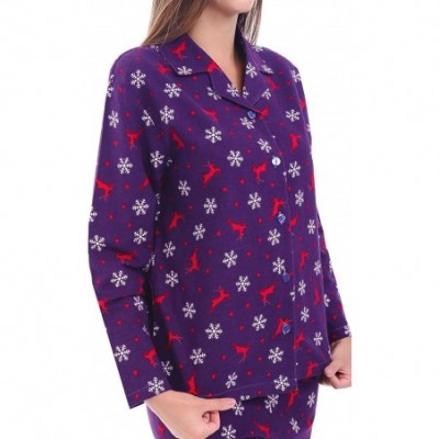 Sets Women's Warm Flannel Pajama Set- Long Winter Christmas Button Down Cotton Pjs - Purple With Reindeer - CD11CKPHDMX