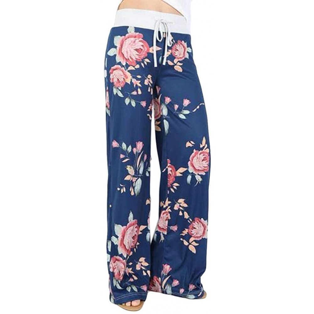 Bottoms Floral Print Wide Leg Pants Pajama Pants for Women - Blue - CO1943LS2ON