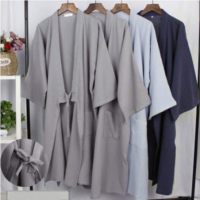 Robes Japanese Mens Robe Cotton Kimono Pajamas Nightgown[Light Blue-Size XL] - CF18Y8A28T2