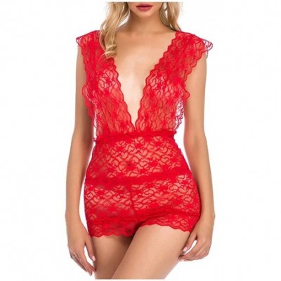 Garters & Garter Belts New Sexy V-Neck Women Lace Lingerie Bodysuit Pajamas Nightdress Sleepwear S-3XL - Red - CA199U8U9S3