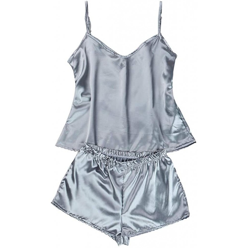 Sets 2PCS Women Sexy Satin Pajamas Set Lingerie Sling Vest Silk Sleepwear Ladies Tank Top Shorts Sleepwear Sets - Gray - C619...