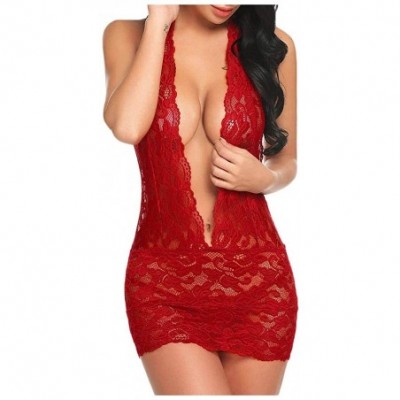 Tops Woman Nightgowns Women Lace Nightdress Teddy Lingerie Sexy Deep V Halter One Piece Bodysuit - Red - C319422L7TO