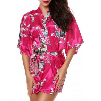 Robes Satin Robes for Women- Women's Floral Short Silk Bridal Robe Print Kimono Dressing Gown Sleepwear - Hot Pink - CC18QQU2SEK