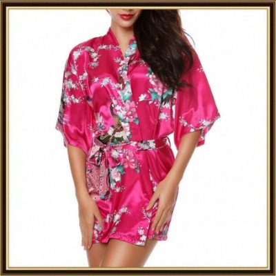 Robes Satin Robes for Women- Women's Floral Short Silk Bridal Robe Print Kimono Dressing Gown Sleepwear - Hot Pink - CC18QQU2SEK