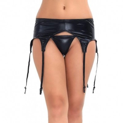 Garters & Garter Belts Women's Patent Leather 6 Wide Straps Metal Buckles Sexy Garter Belt for Stockings - Black - C518Y593I46