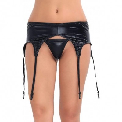 Garters & Garter Belts Women's Patent Leather 6 Wide Straps Metal Buckles Sexy Garter Belt for Stockings - Black - C518Y593I46