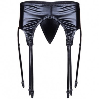 Garters & Garter Belts Women's Patent Leather 6 Wide Straps Metal Buckles Sexy Garter Belt for Stockings - Black - C518Y593I46